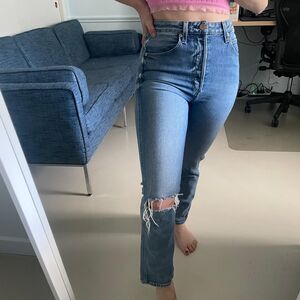 Amo High Rise Cropped Distressed Straight Leg Stretchy Jeans Blue Size 26